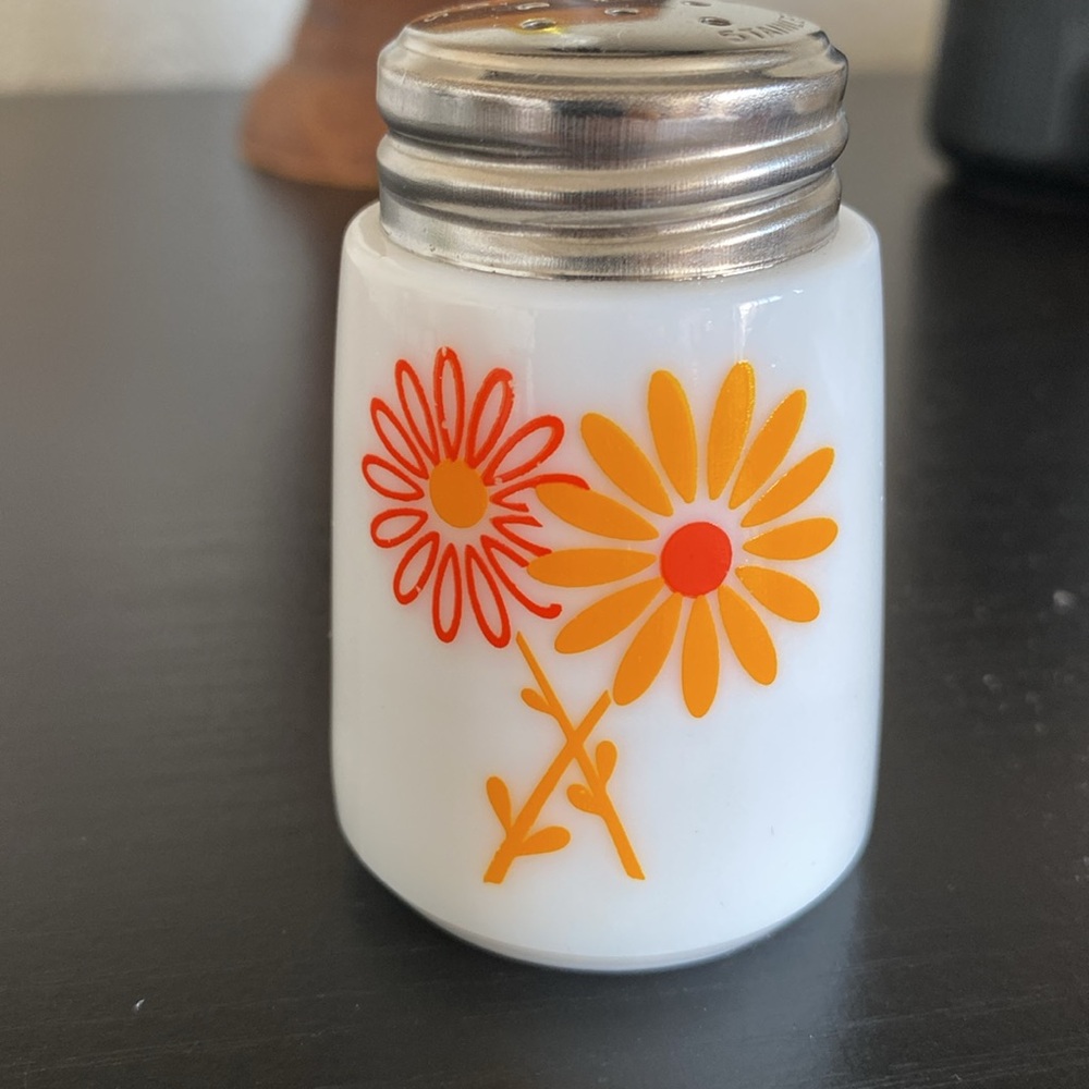 Star line milk glass Floral Salt Shaker with Orange Design